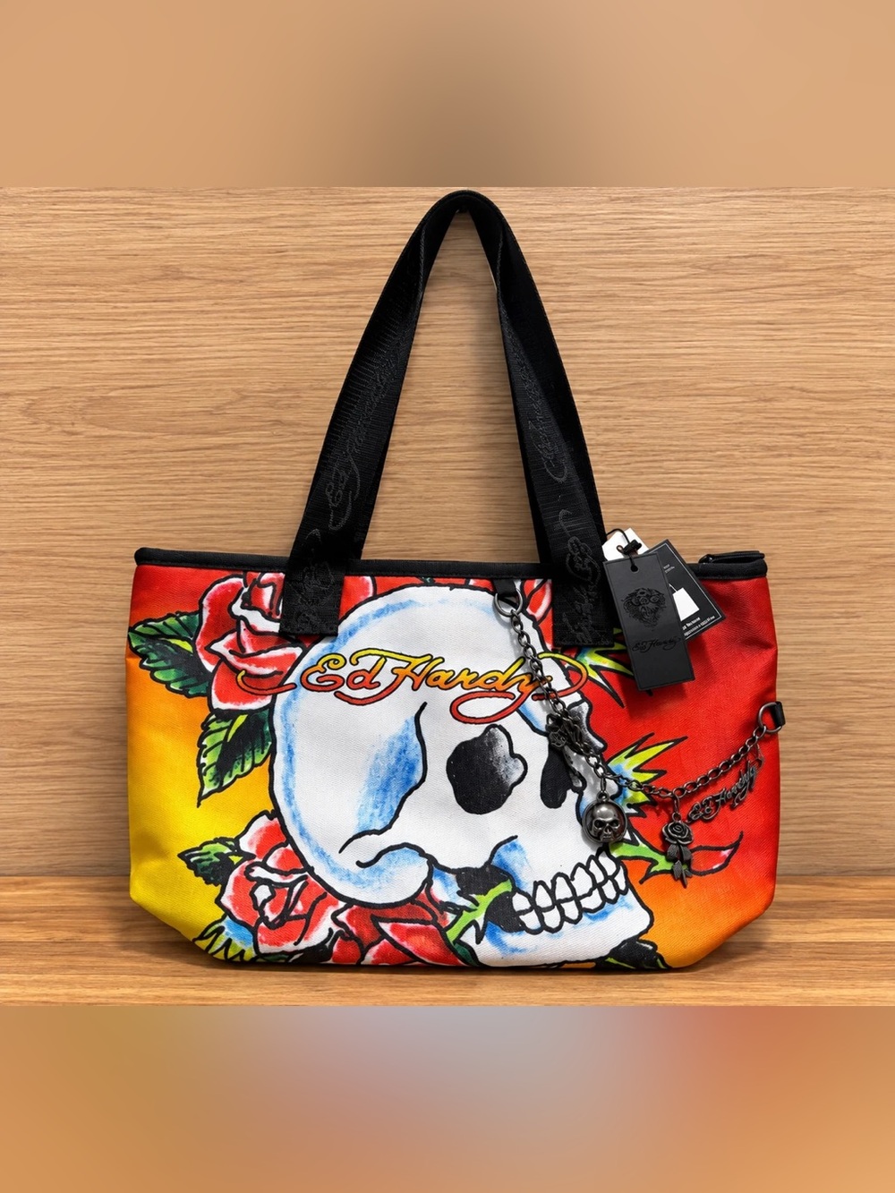 ED HARDY Red, Yellow & Orange Skull Rose Tote